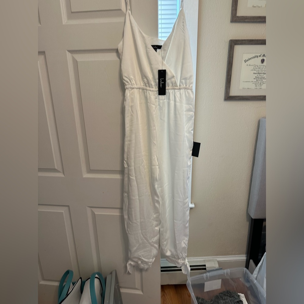 Lulu’s Lovely As Can Be White Satin Surplice Jumpsuit- Size M